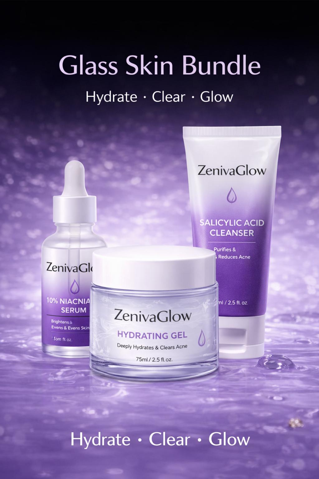 skincare bundle, glass skin, acne treatment, niacinamide serum, hydration gel, dark spots remover, glowing skin