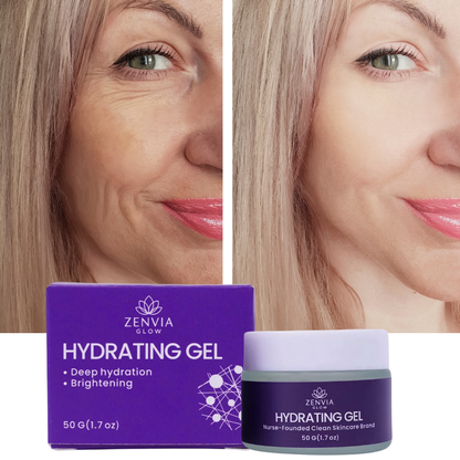 Zenvia Hydrating Gel packaging with a woman's face showing before and after effects.
